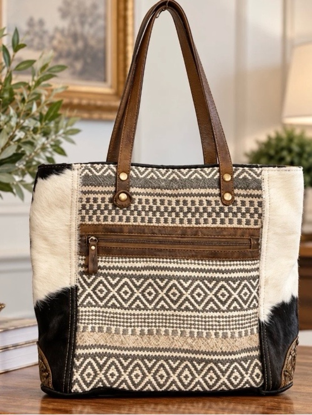 Myra Bag Large Cowhide Leather Woven Aztec Tote Shoulder Bag Boho Western